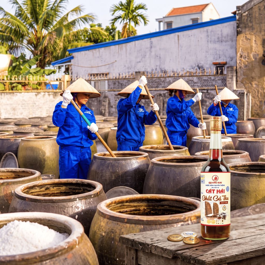 Chum ủ nước mắm truyền thống tại cơ sở sản xuất Quang Hải, đặc khu Cát Hải